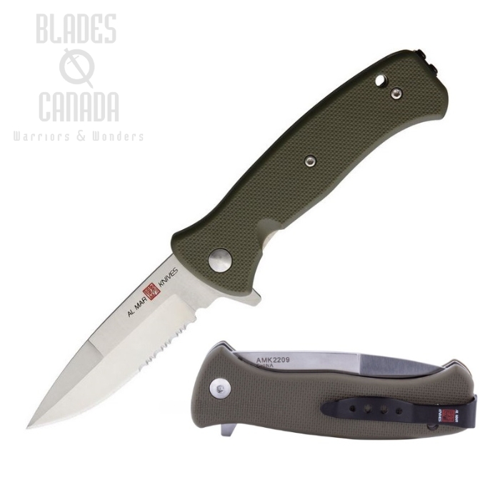 (image for) Al Mar Mini SERE 2020 Flipper Folding Knife, Assisted Opening, 8Cr13MoV, FRN OD Green, AMK2209